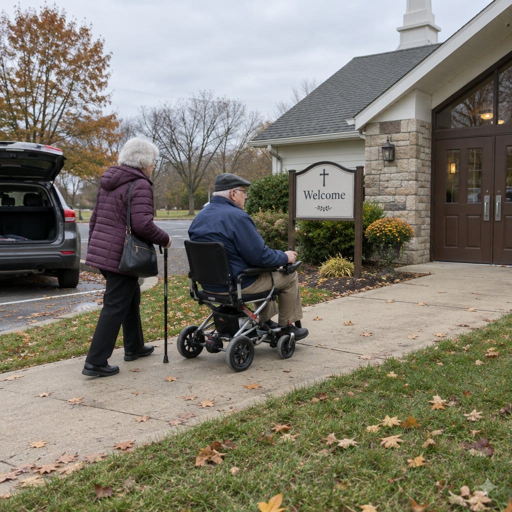 Older man driving a power wheelchair on a sidewalk toward a church with his wife walking beside him using a cane