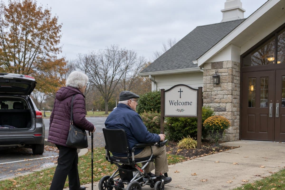Older man driving a power wheelchair on a sidewalk toward a church with his wife walking beside him using a cane