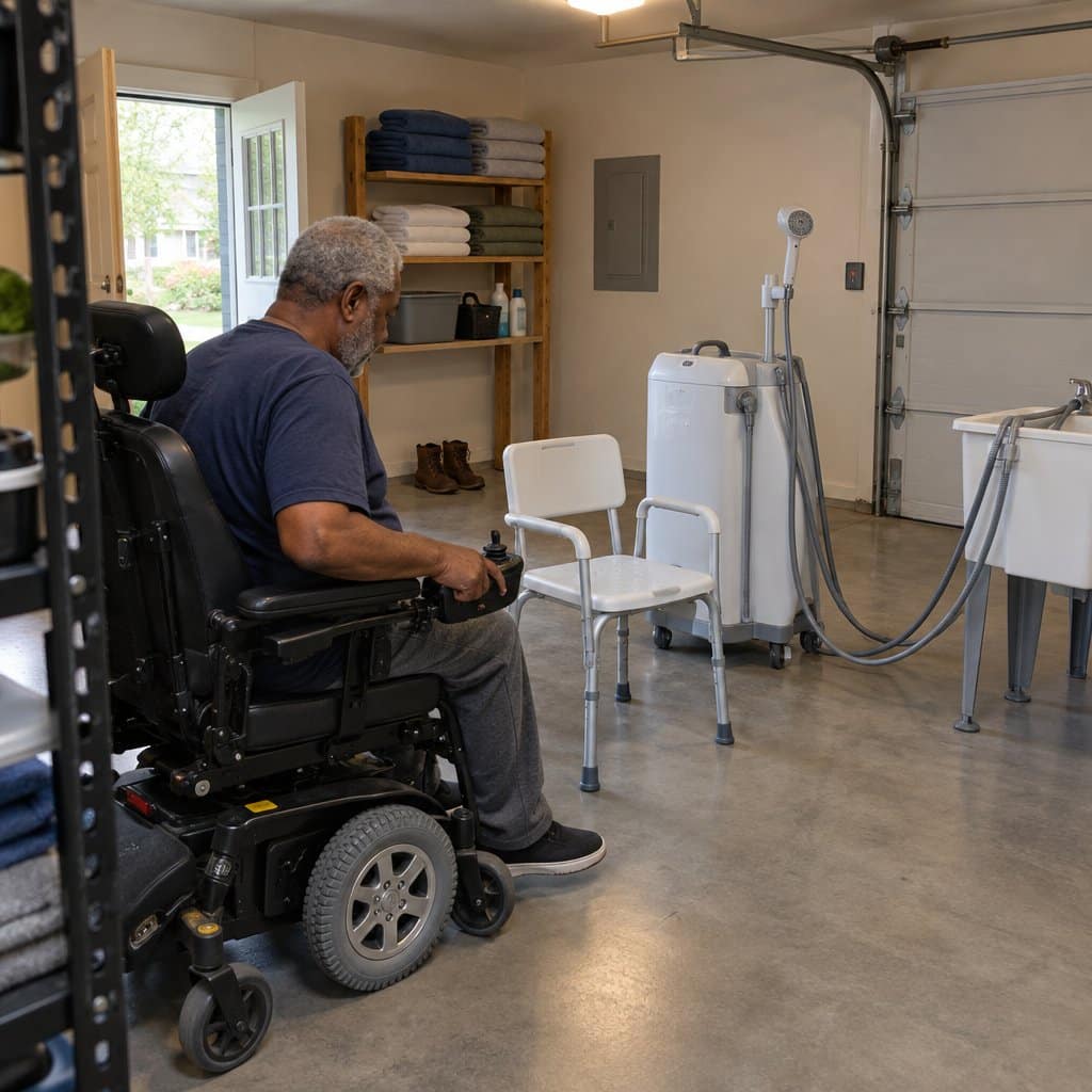 Man in a power wheelchair in a garage approaching a shower chair beside a portable shower unit.