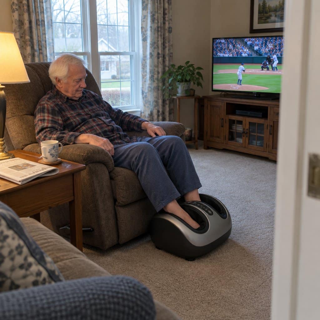 Older man in a recliner with his feet in a foot massager machine in a living room