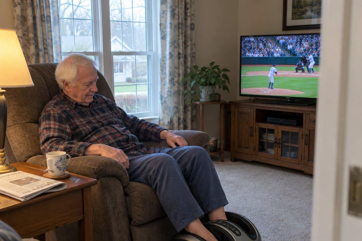 Older man in a recliner with his feet in a foot massager machine in a living room