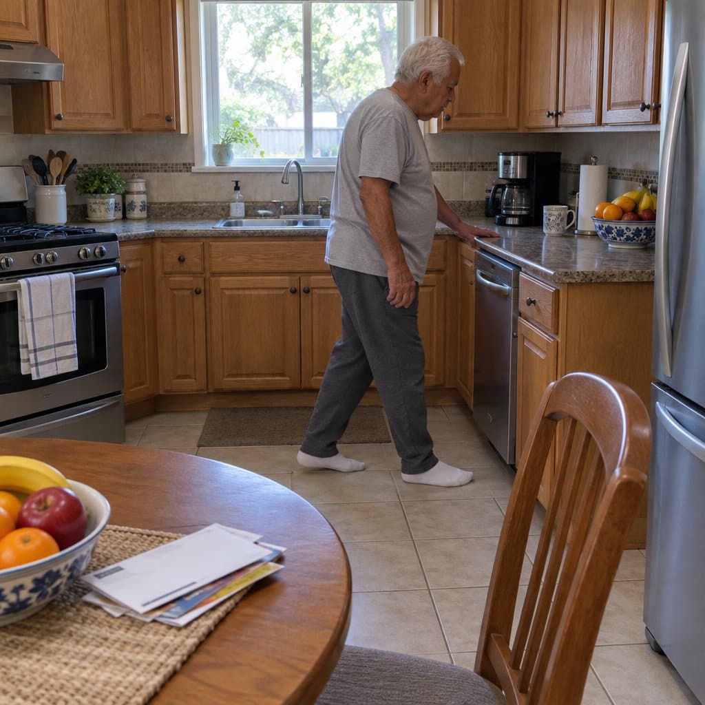 Older man in socks walking across a kitchen tile floor holding the counter