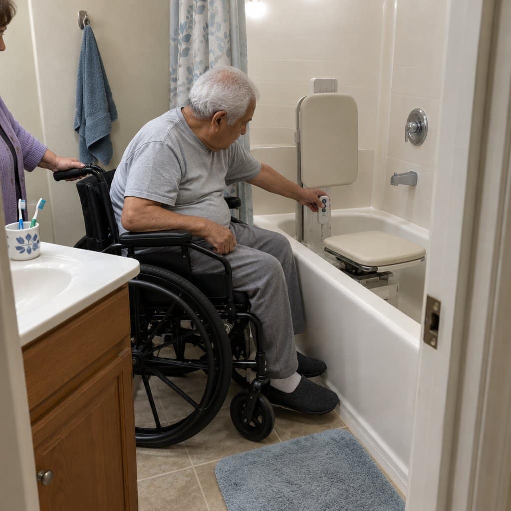 Older man in a wheelchair beside a bathtub with a raised lift seat while a helper steadies the chair