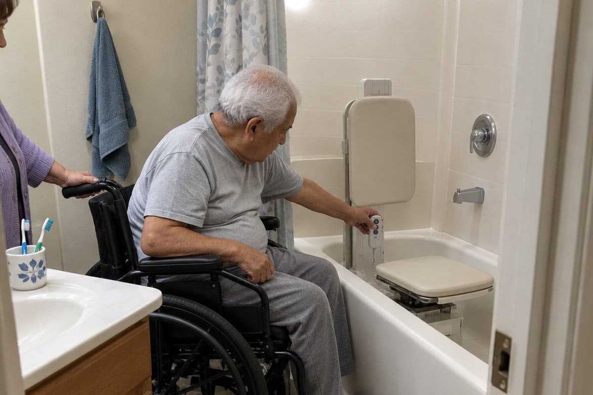 Older man in a wheelchair beside a bathtub with a raised lift seat while a helper steadies the chair