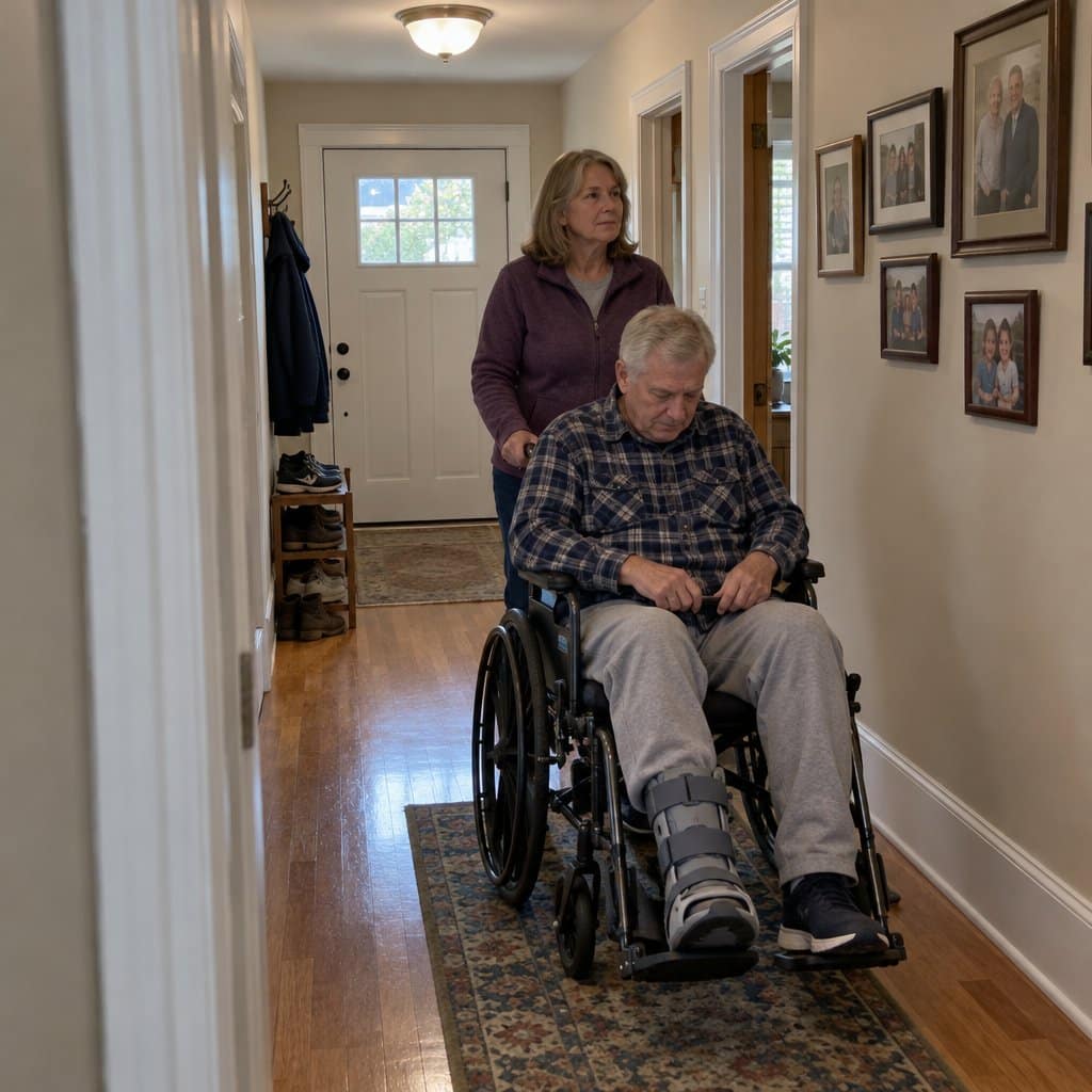 Man with a booted foot in a wheelchair being pushed down a home hallway by a woman