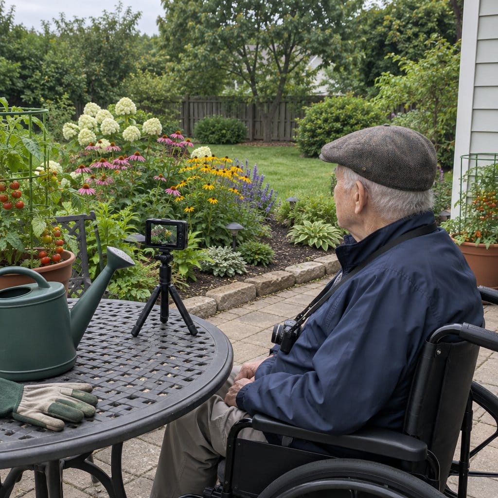 Older man in a wheelchair on a patio with a camera on a neck strap and a tripod facing the garden