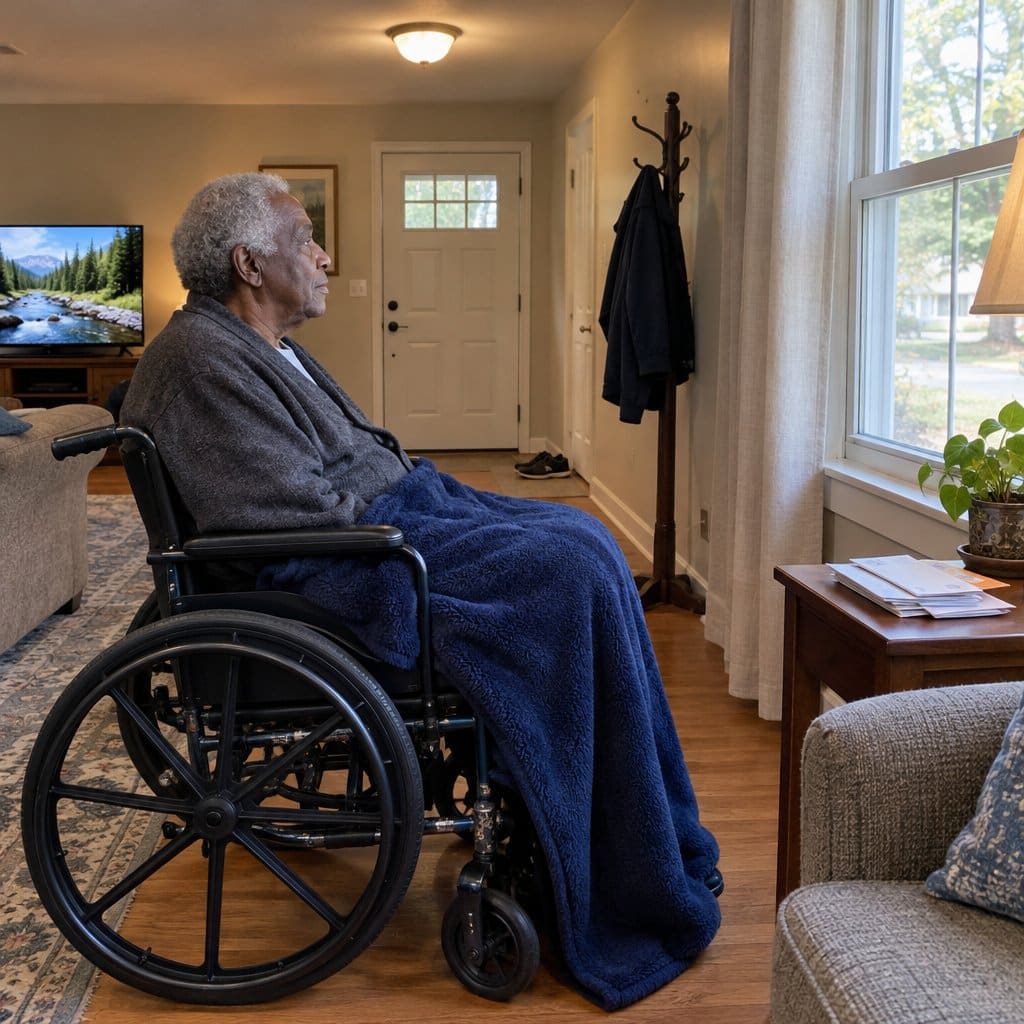 Older man in a wheelchair with a navy fleece blanket over his lap in a house hallway