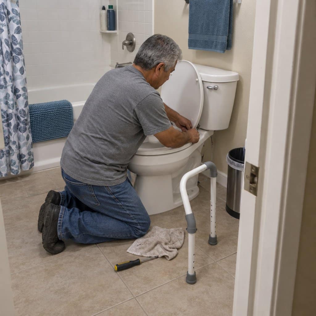 Man kneeling by a toilet loosening seat bolts to install a safety rail