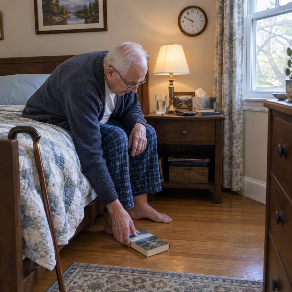 Older man with a cane hooked on the bed leaning from the bed edge toward the floor