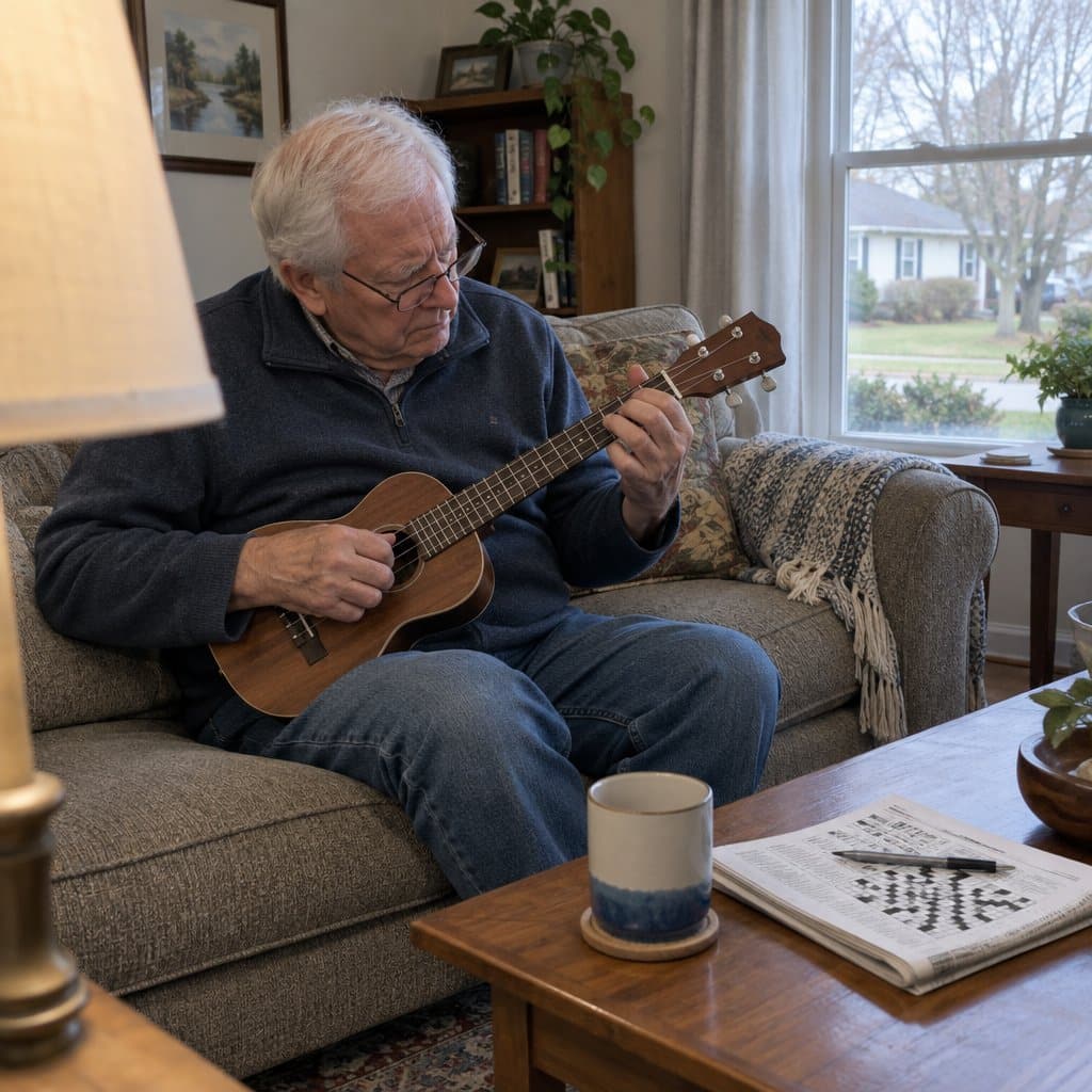 Older man on a couch concentrating on a ukulele chord, with a crossword and coffee mug on the table