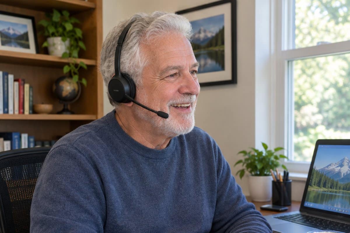 Smiling older man at a home office desk talks hands-free on a call using a wireless headset with boom microphone