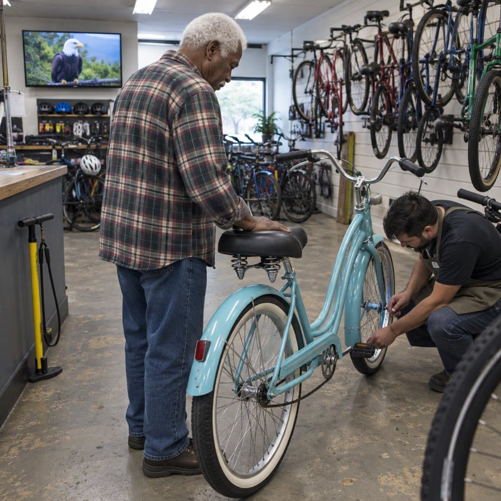 Older man examining a step-through cruiser bike with padded seat in a bike shop