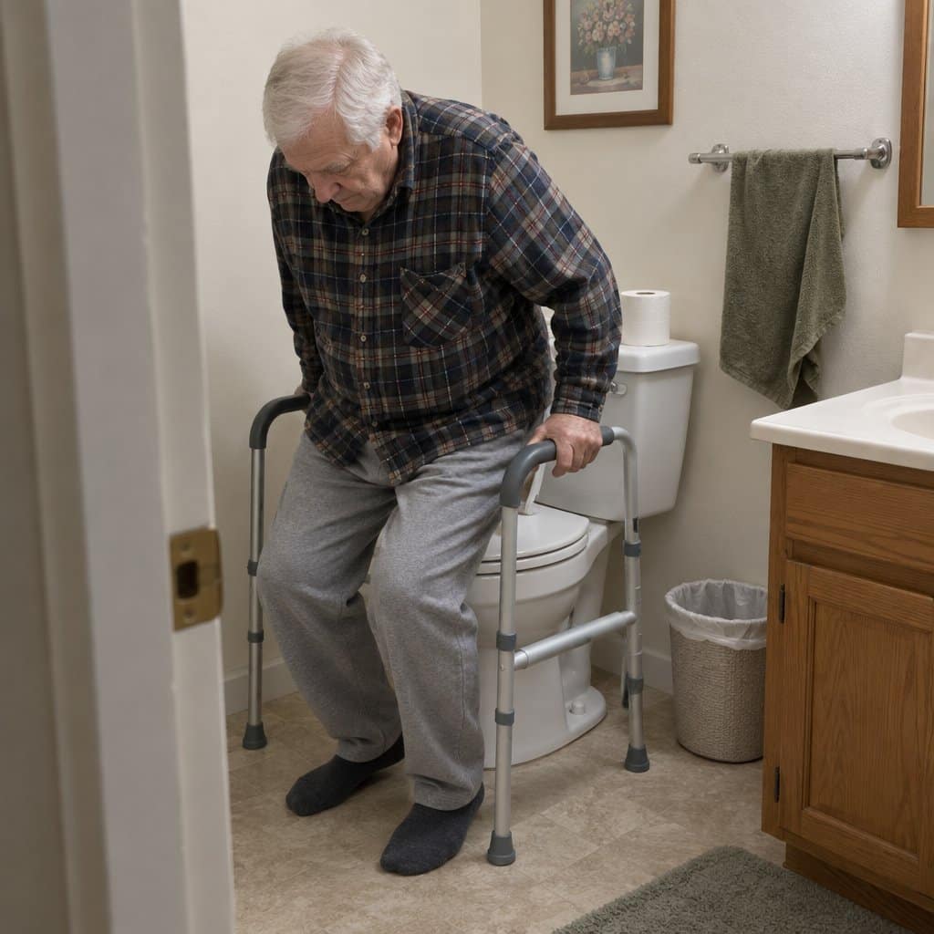 Older man holding the arm of a safety frame around a toilet as he sits down