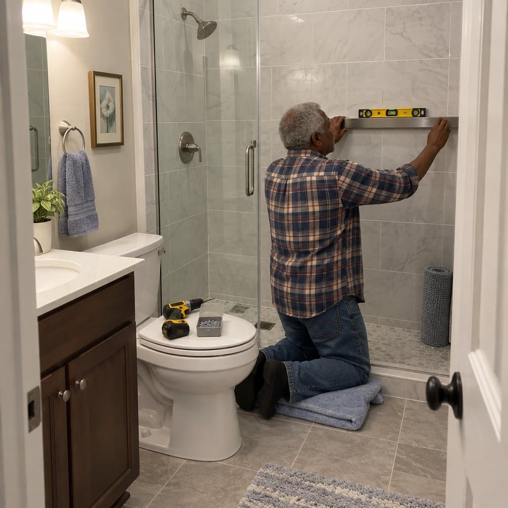 Man kneeling in a bathroom holding a steel bar against the shower wall with a level