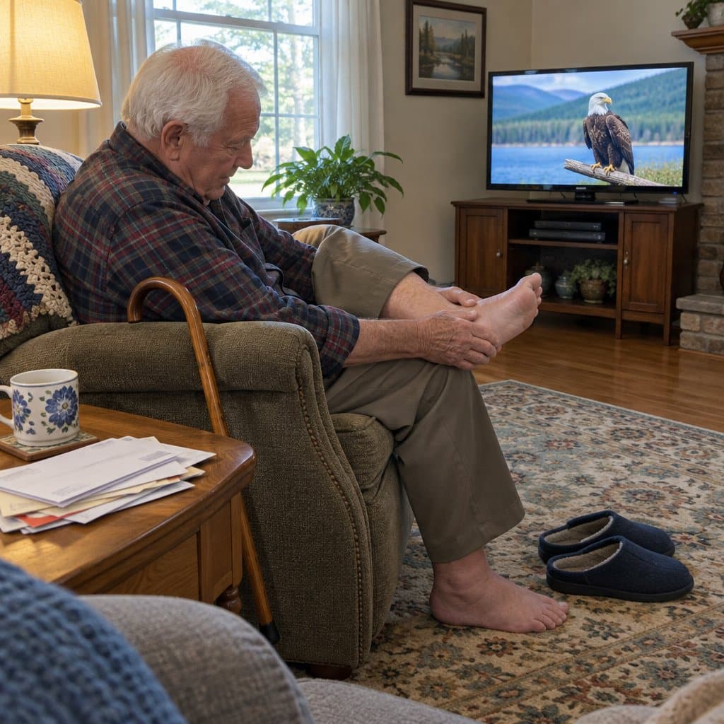 Older man in an armchair massaging his bare foot with a cane on the armrest