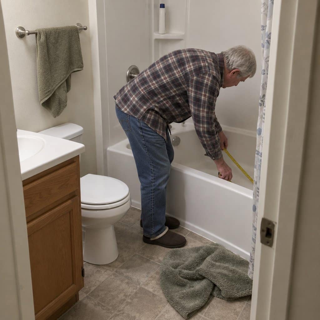 Older man leaning over a bathtub measuring the inside with a tape measure