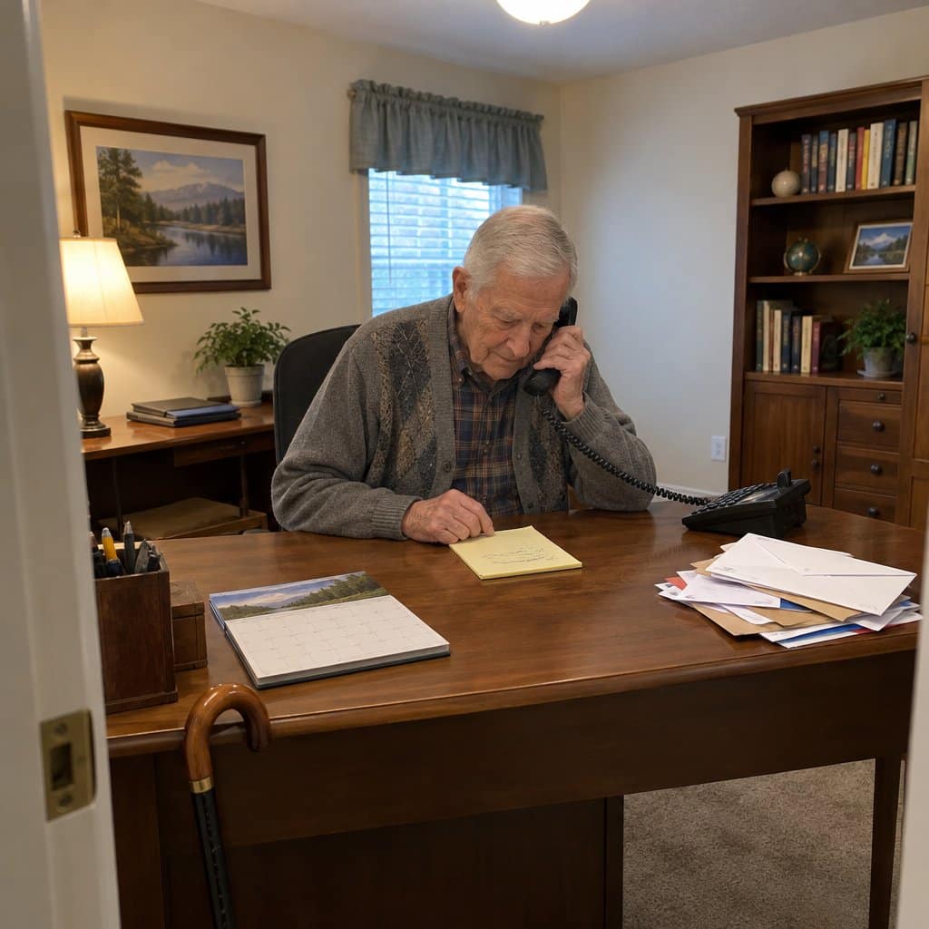Older man on a phone call at a desk with a notepad and opened envelopes, a cane hooked on the desk