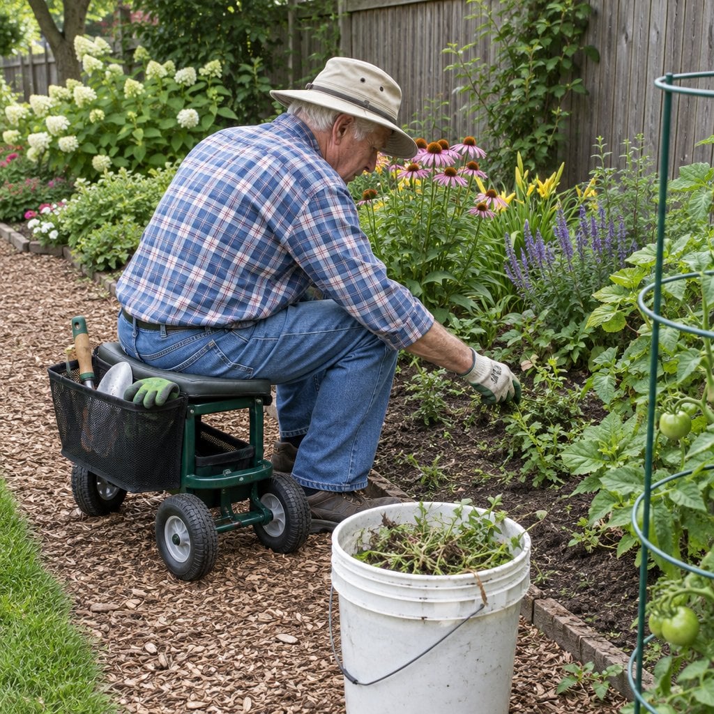 Older man sitting on a rolling garden seat weeding along a flower border