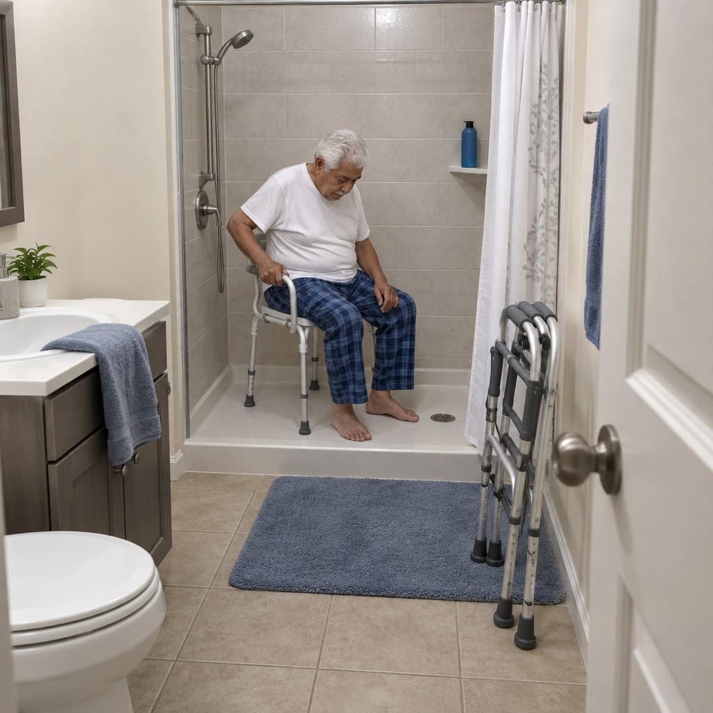 Older man seated on a shower chair in a shower with a walker parked outside