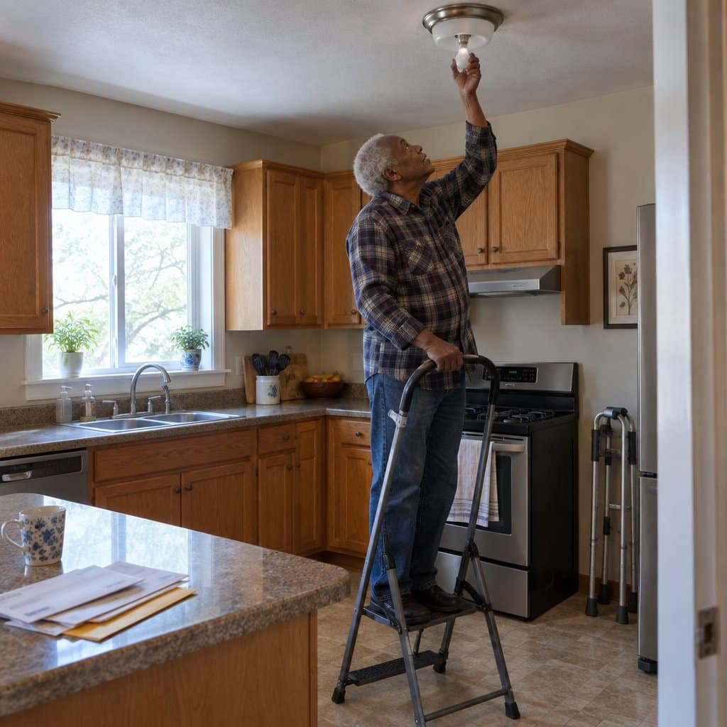 Older man standing on a step stool with handrail changing a ceiling light bulb in a kitchen.