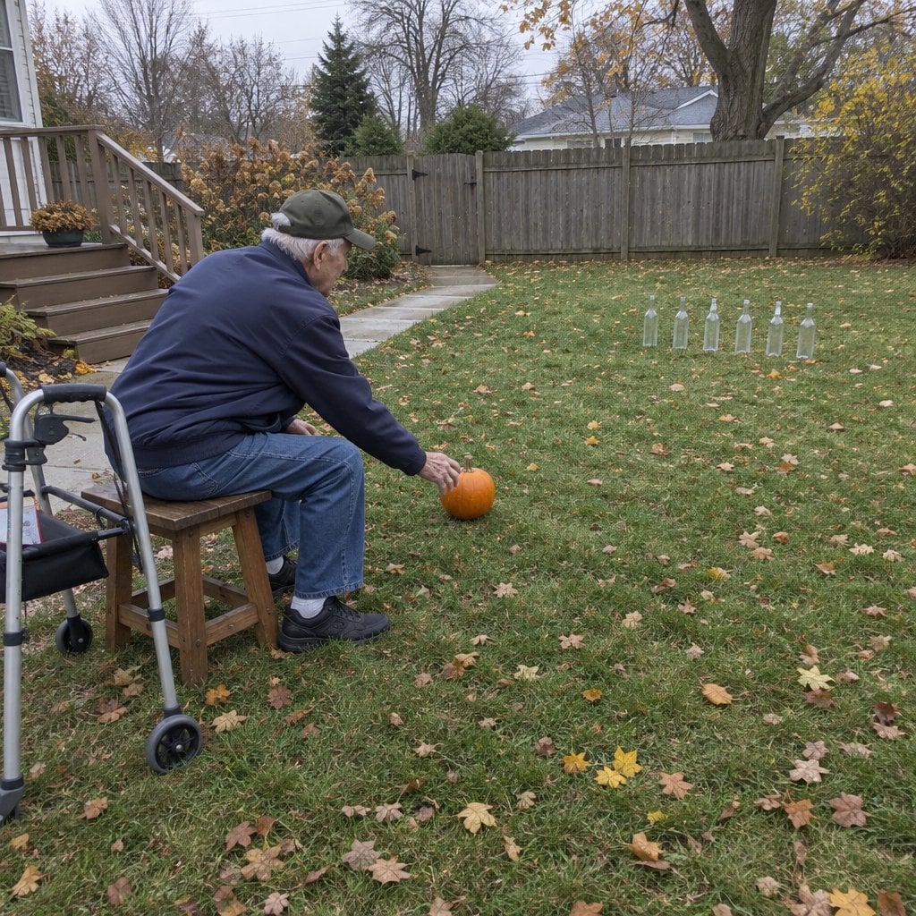Older man seated on a stool beside a walker rolling a small pumpkin at bottles in a backyard