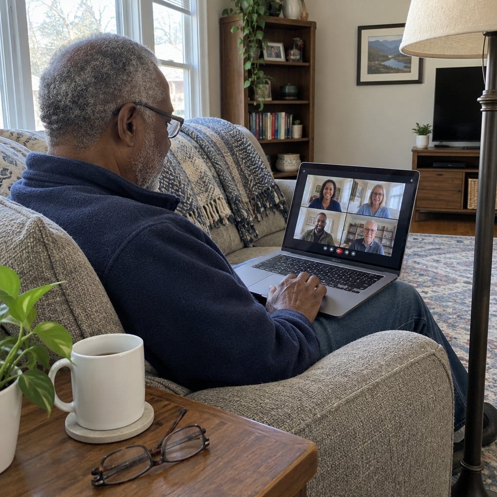 An older man sitting on a couch looking at a laptop during a video call.