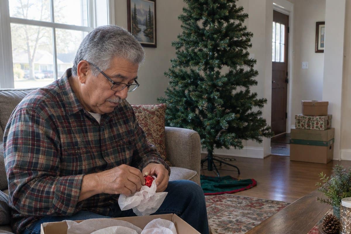 Older man sitting on a sofa wrapping Christmas ornaments in tissue beside a half-bare tree