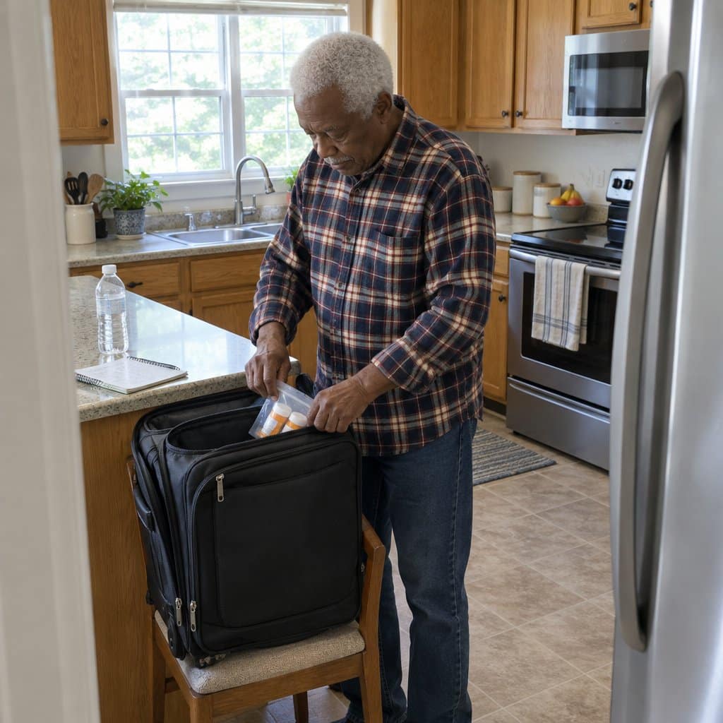 Older man at a kitchen counter placing prescription bottles into a carry-on suitcase