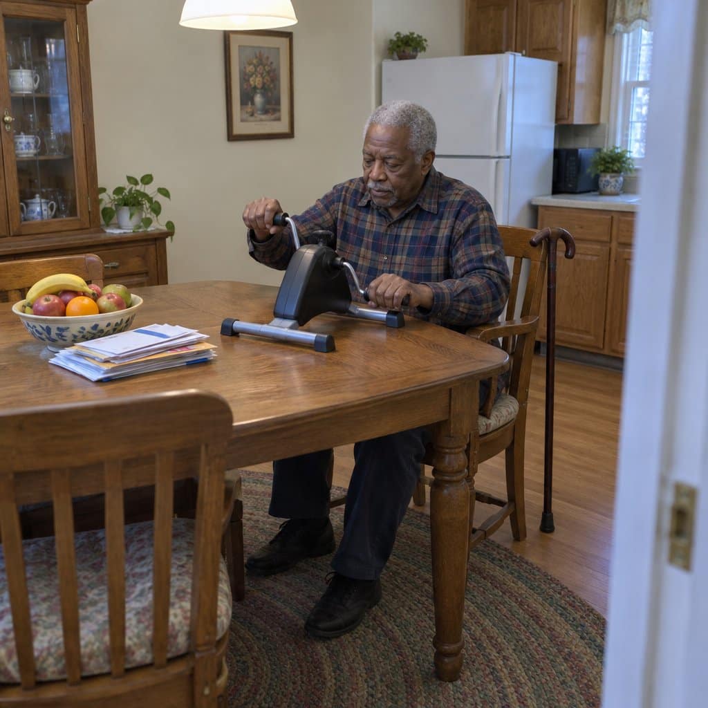 Older man at a dining table turning a small pedal exerciser with his hands, a cane hooked on a nearby chair
