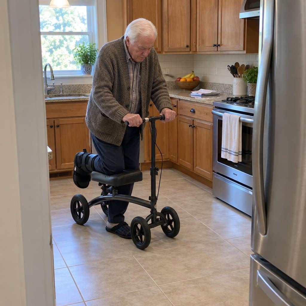 Older man rolling on a knee scooter across a kitchen floor
