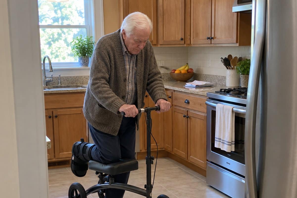 Older man rolling on a knee scooter across a kitchen floor