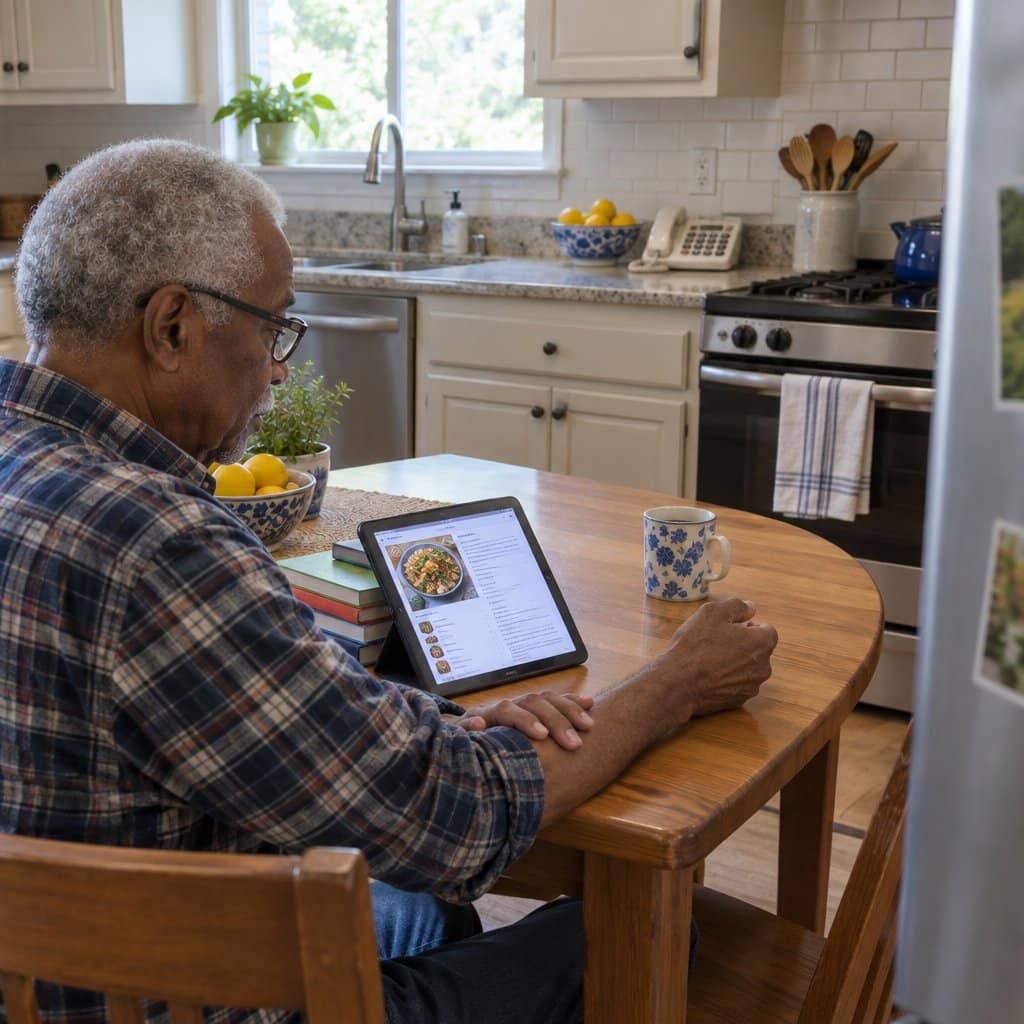 Older man at a kitchen table looking at a tablet propped on cookbooks