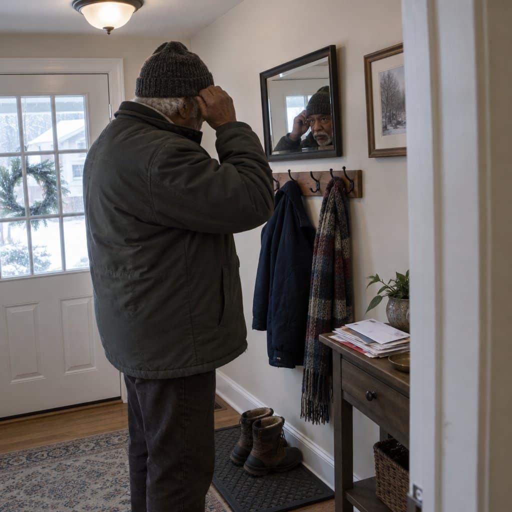 Older man in a hallway pulling a knitted beanie over his ears beside coat hooks