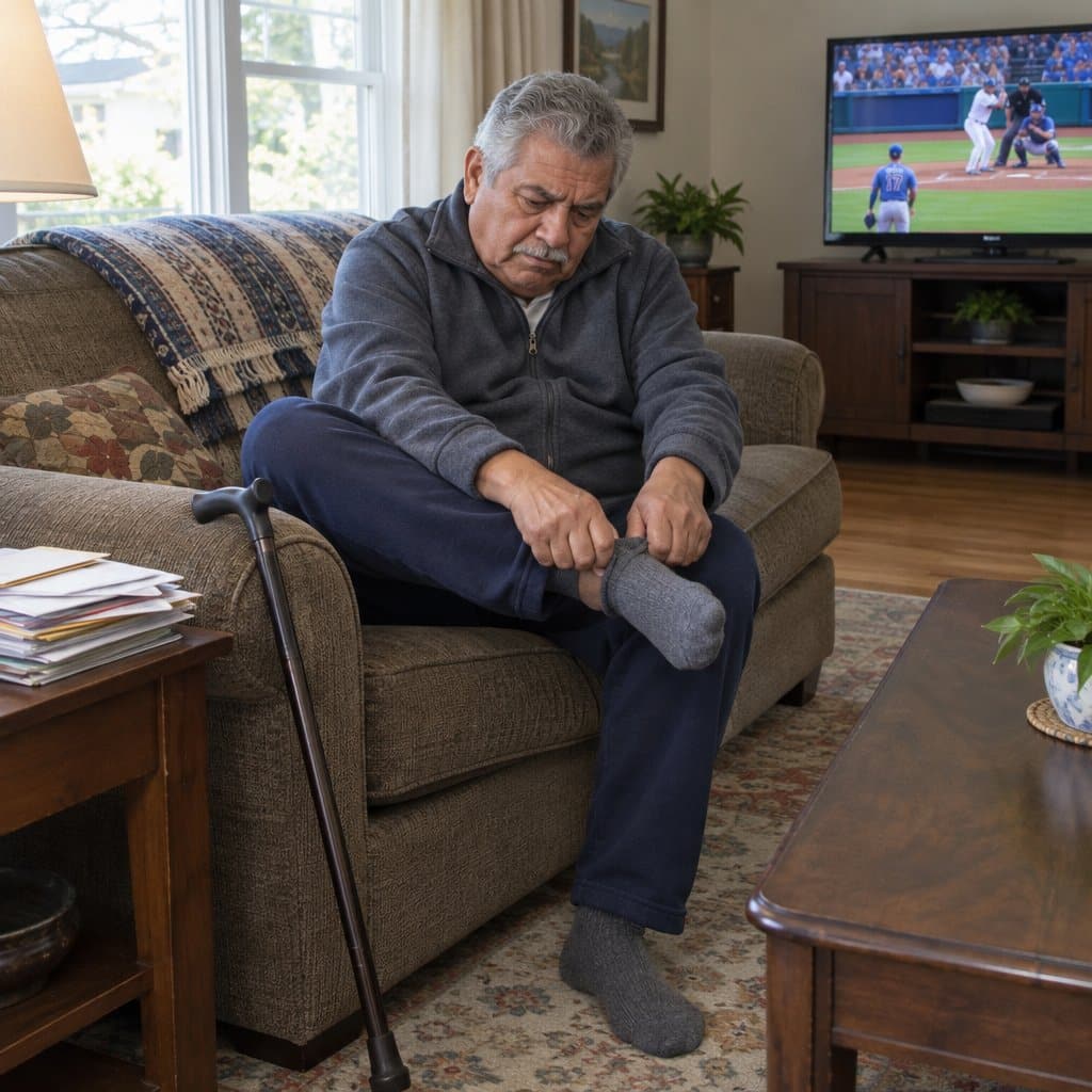 Older man on a couch pulling a sock onto his foot with a cane leaning beside him
