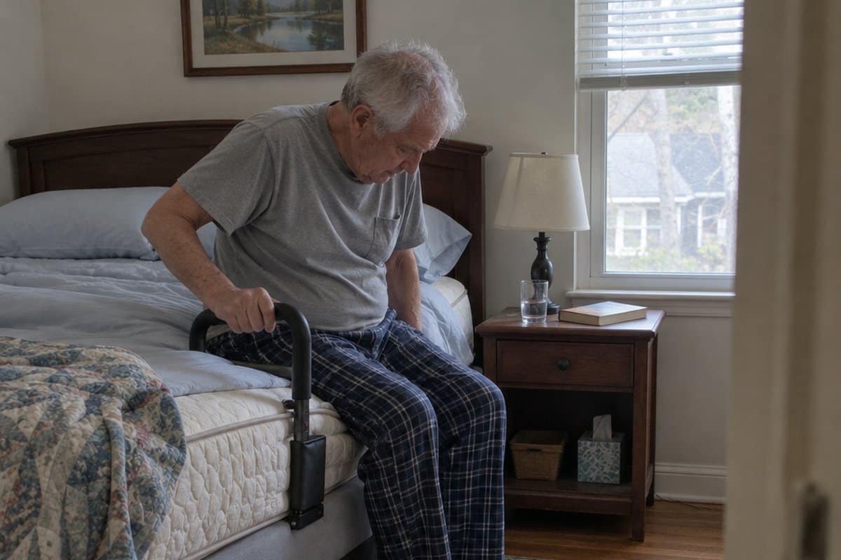 Older man sitting on the edge of a bed pushing up from a padded handle beside the mattress