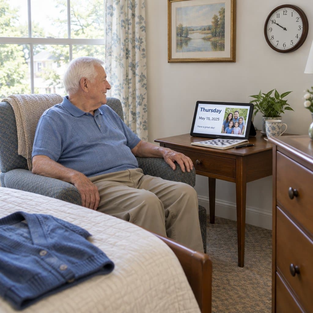 Older man in an armchair looking at a digital calendar display showing the day and a family photo
