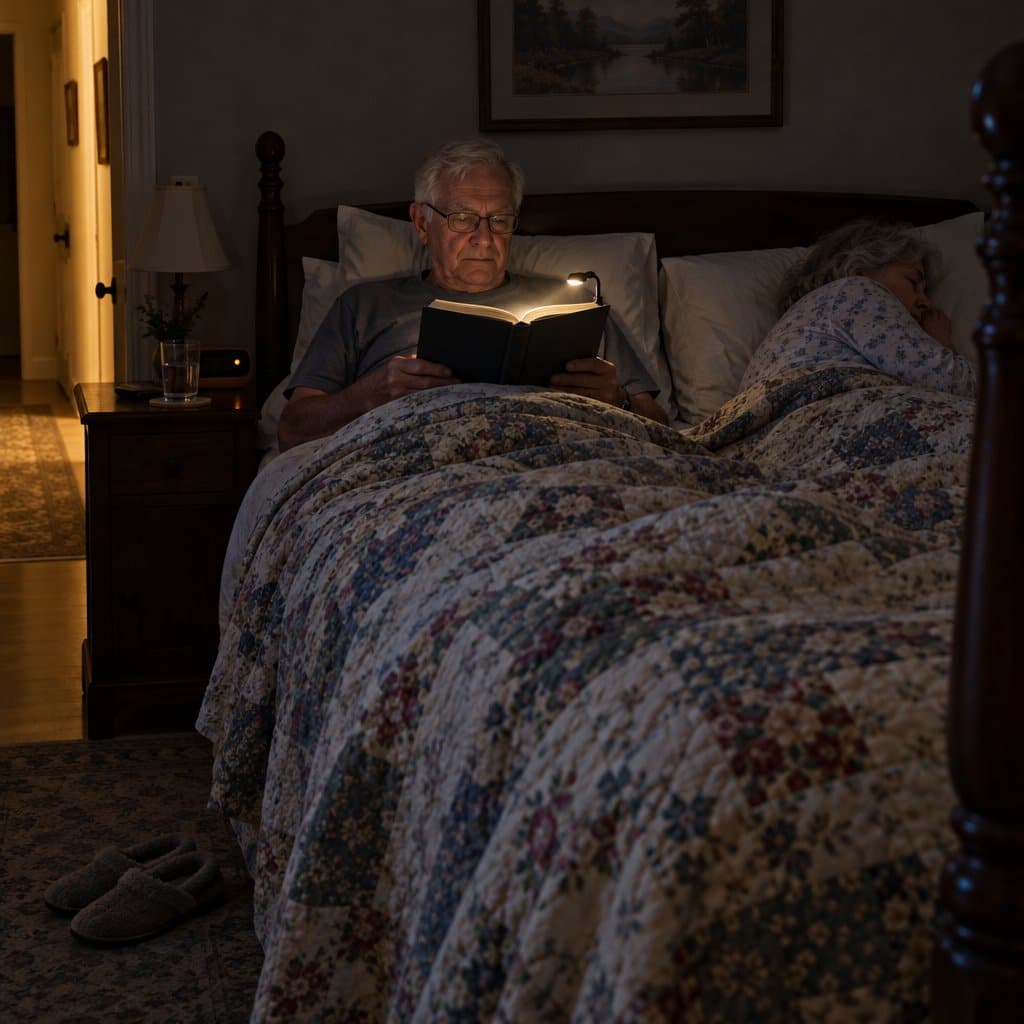 Man reading in bed with a small light while his wife sleeps beside him