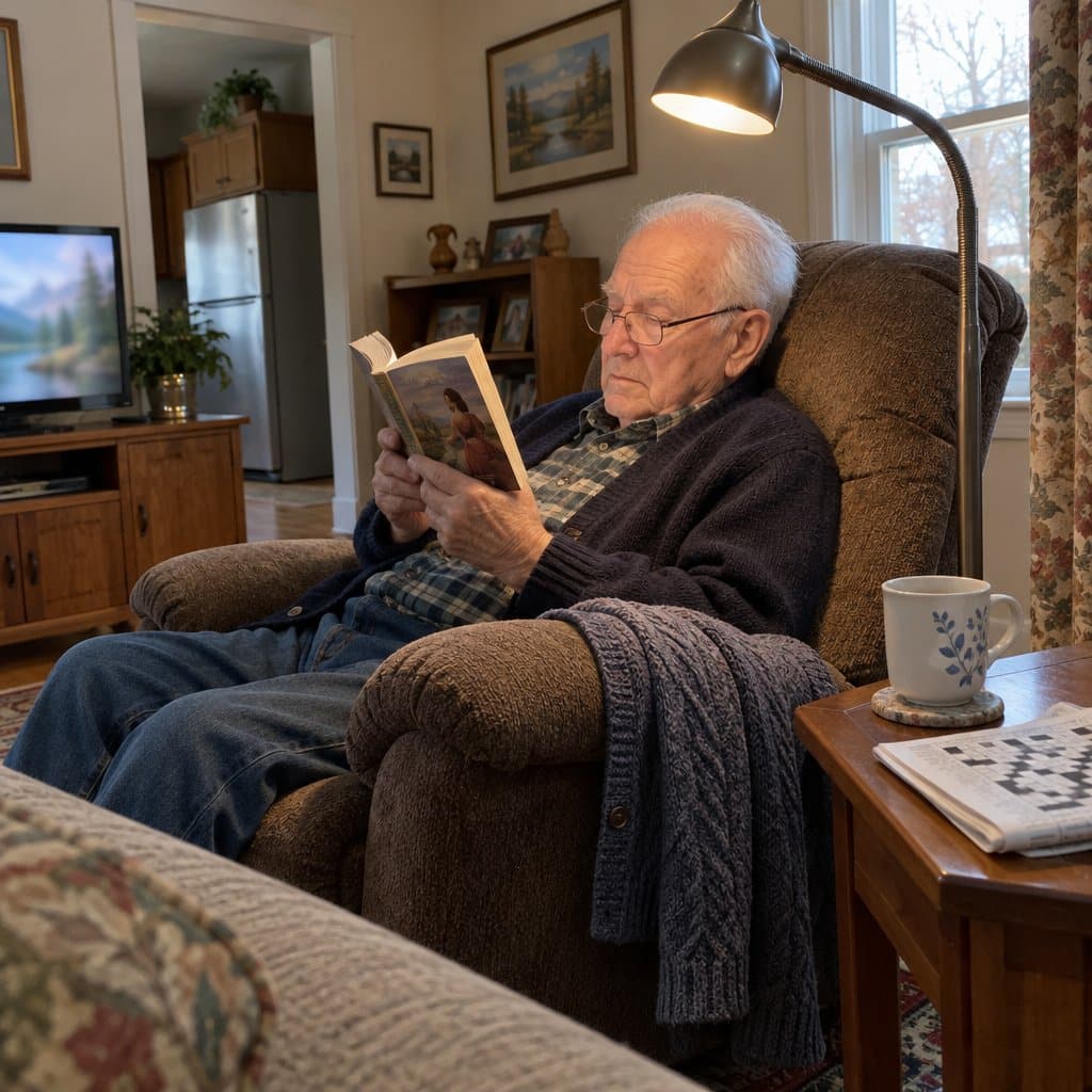 Elderly man reading a paperback in a recliner with a floor lamp bent over his shoulder