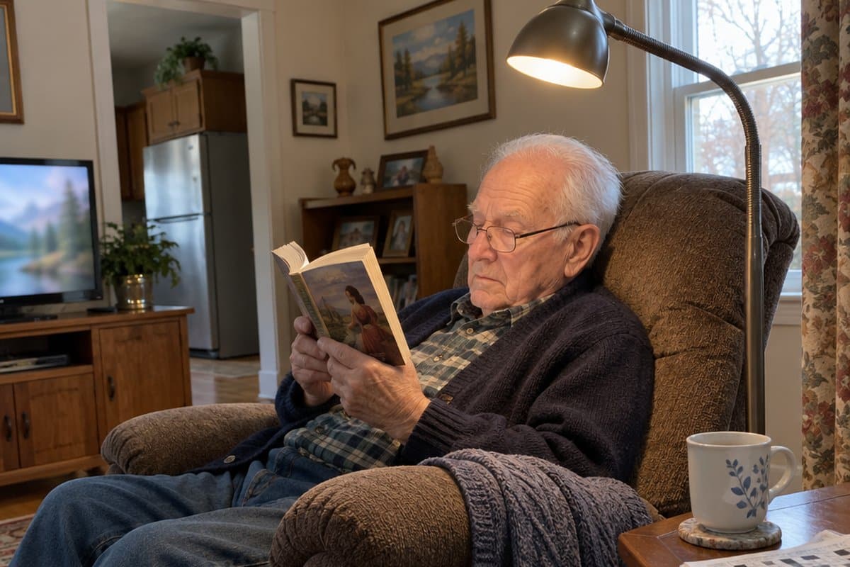 Elderly man reading a paperback in a recliner with a floor lamp bent over his shoulder