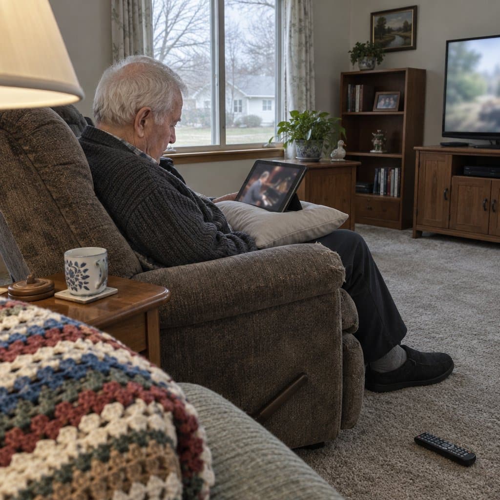 Older man in a recliner looking down at a tablet propped on a pillow in a living room