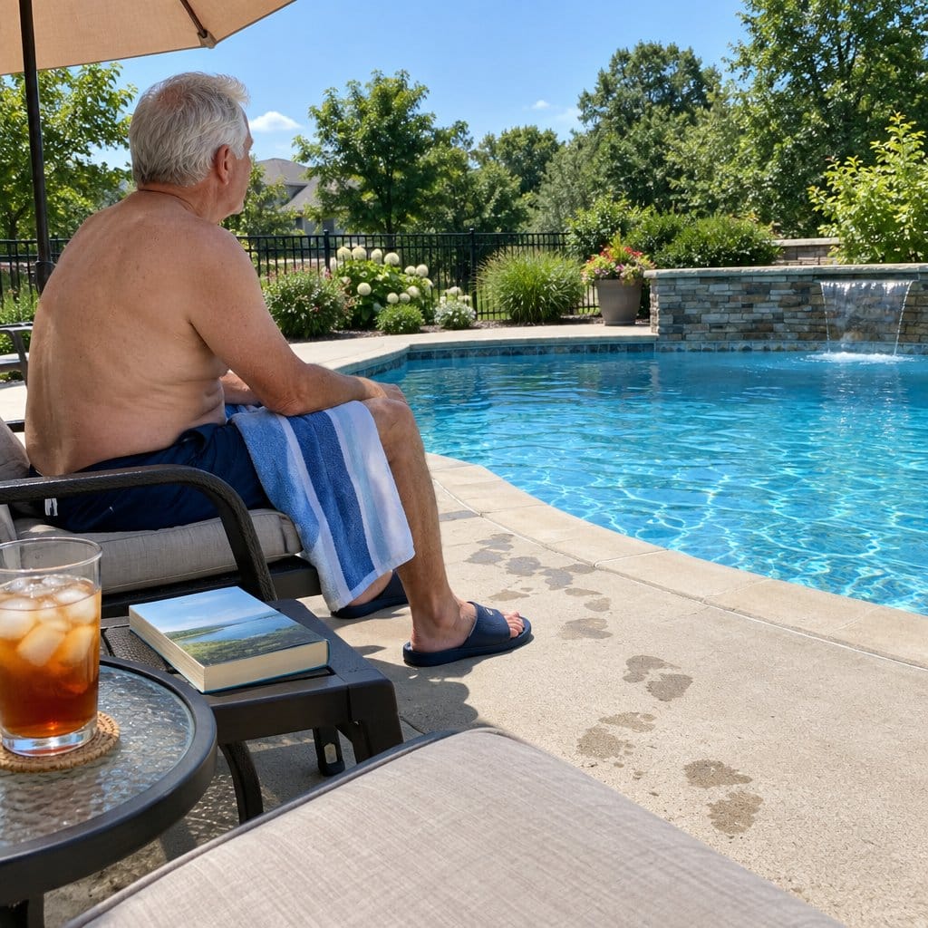Older man sitting on a lounge chair by a backyard pool wearing foam slide sandals