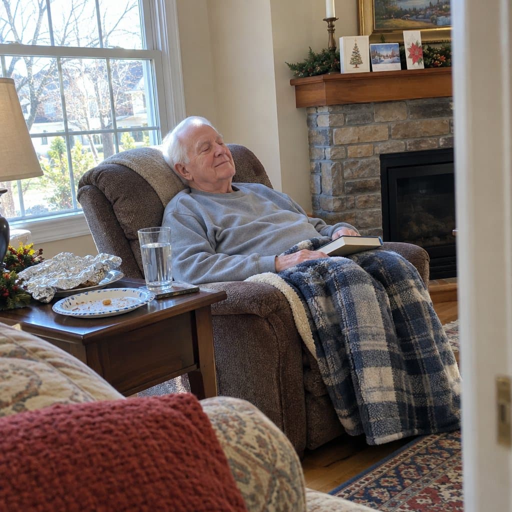 Older man resting in a recliner with a blanket and glass of water in a sunny living room