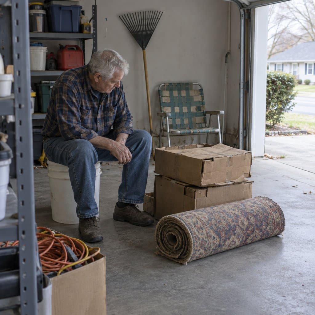 Older man sitting on a bucket rubbing his knee in a cluttered garage full of boxes
