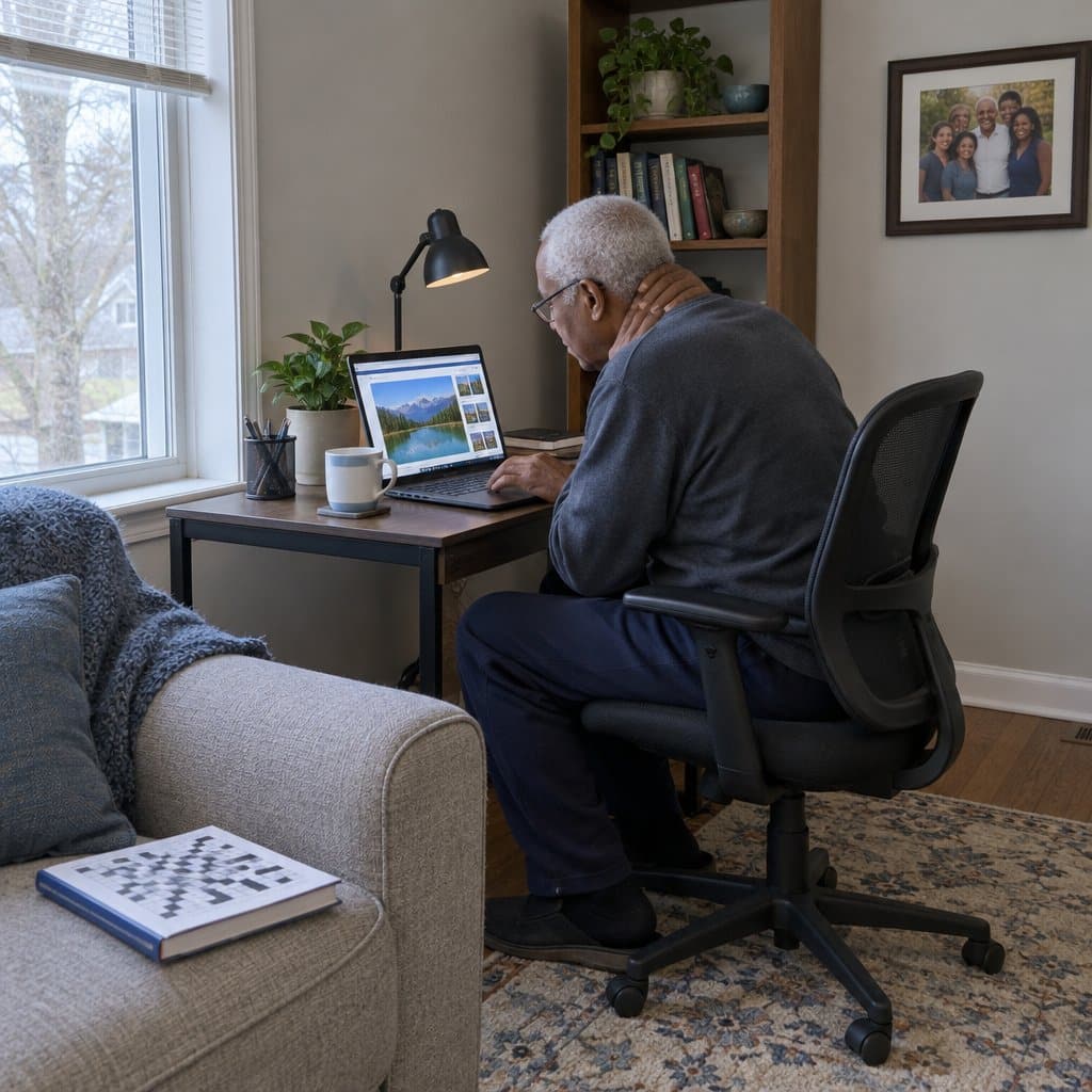 Older man at a desk rubbing his neck while leaning toward a laptop screen in a living room