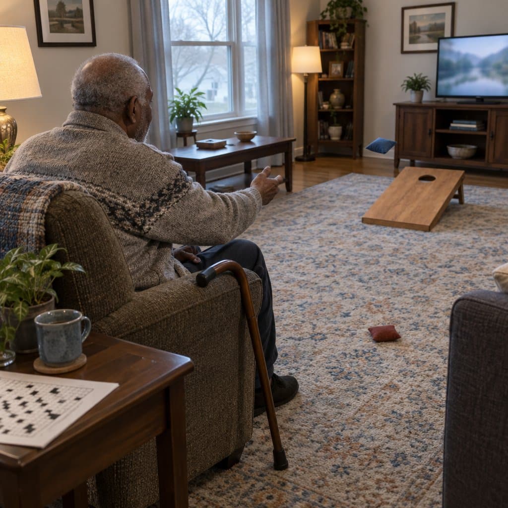 Older man seated in an armchair tossing a beanbag at a board with a hole on a living room floor