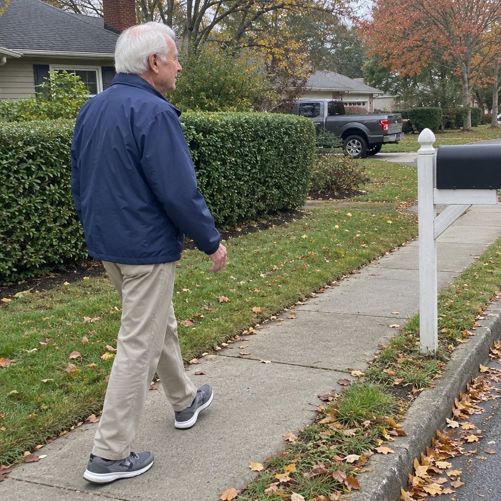 Older man in a windbreaker walking along a neighborhood sidewalk past a mailbox