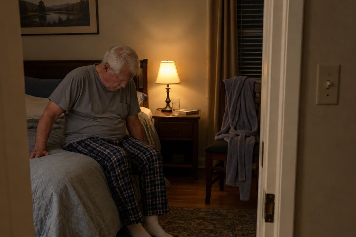 Older man in pajamas sitting on the edge of his bed in a dim bedroom, looking down toward his slippers