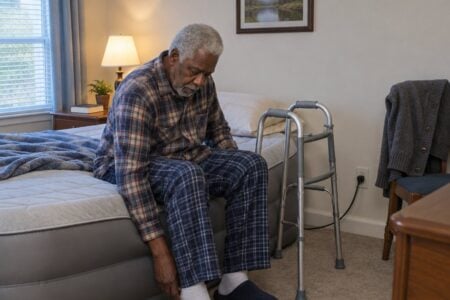 Older man sitting on the edge of a tall air mattress putting on slippers with a walker beside him