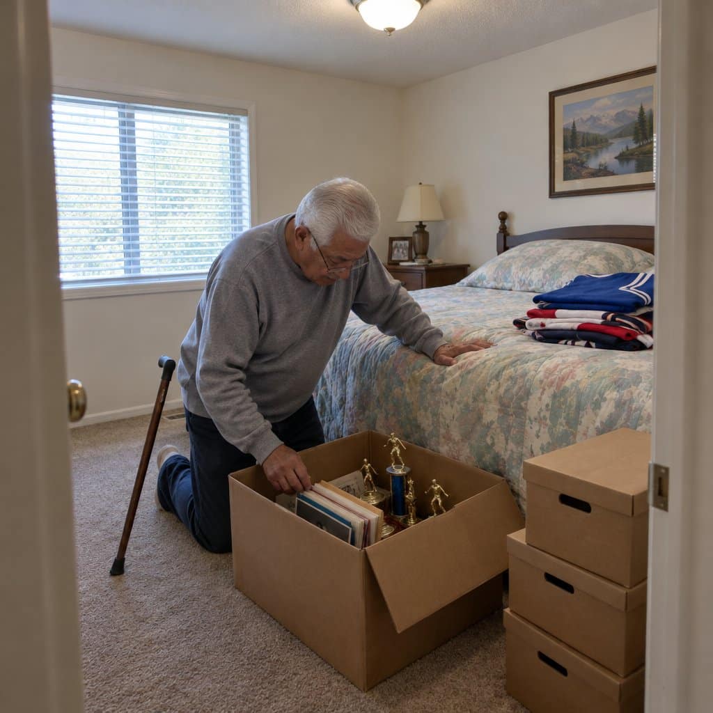 Older man looking through boxes of old trophies and papers in a spare bedroom with a cane nearby