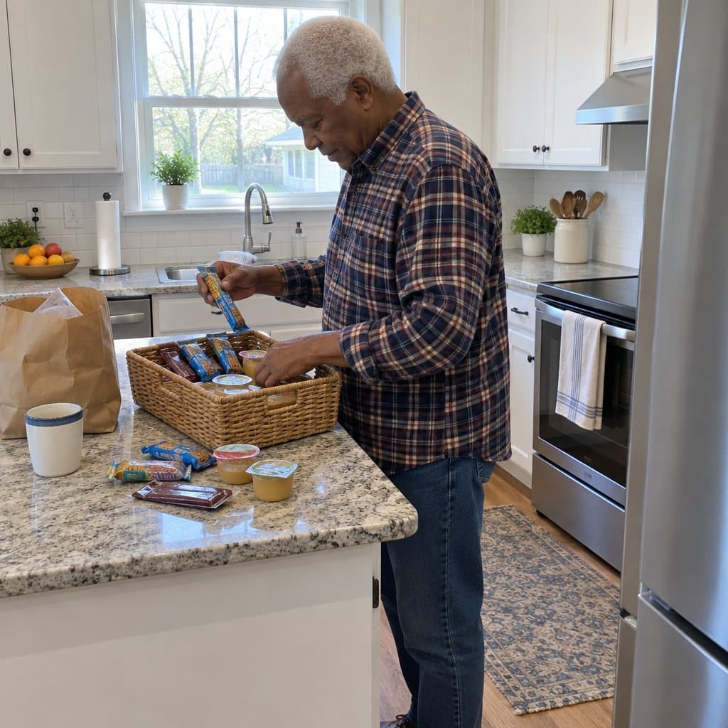 Older man at a kitchen counter placing wrapped snacks into a basket